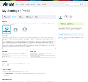 Vimeo profile admin page